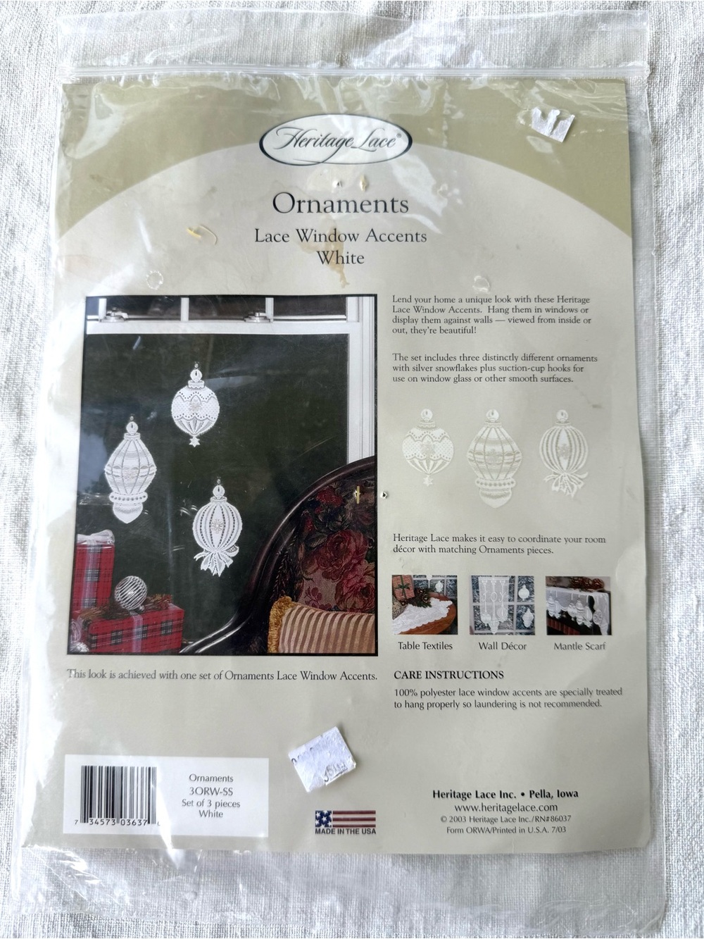 Heritage White Lace Window Ornaments - Lace Holiday Accents - unopened